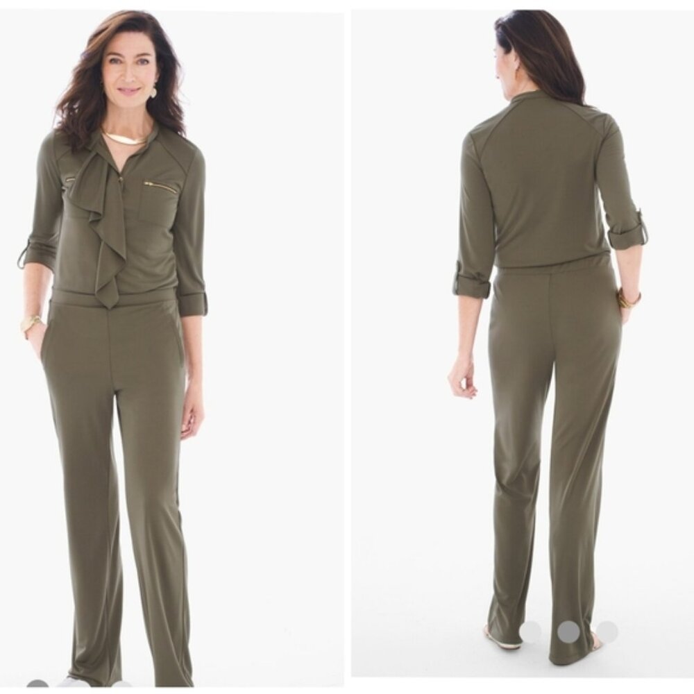 CHICOS Army Green JUMPSUIT Size 1 Small Ruffled Front One Piece Military